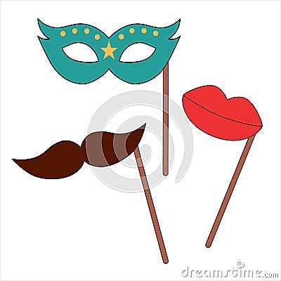 Face mask, red lips and moustache on stick Vector Illustration