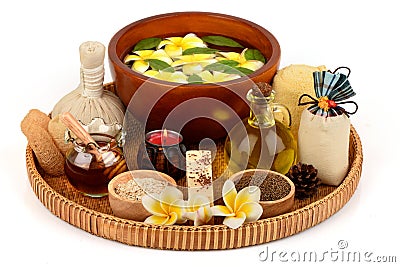 Face mask and scrub with perilla extract, oats, honey and soap for bright and healthy skin. Stock Photo