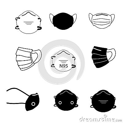 Face Mask Set. Set of various face mask medical surgical N95 mask. PPE for Covid-19 coronavirus. Vector EPS Vector Illustration