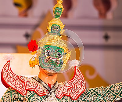 Face mask with traditional thai costume in Bangkok Editorial Stock Photo