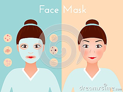 Face mask. woman applying Facial cleansing against skin problem. Health care infographic. Beauty Cosmetics Treatments Vector Illustration