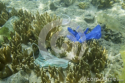 Face masks and plastic debris on bottom in Red Sea. Coronavirus COVID-19 is contributing to pollution, as discarded used masks Stock Photo