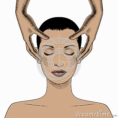 Face massage instruction. Beautiful Young Woman with Clean Fresh Skin. Vector Illustration