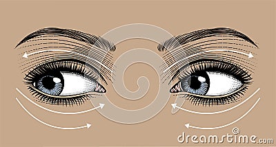 Face massage instruction for puffy eyes and wrinkle of beautiful woman Vector Illustration