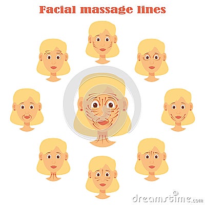 Face massage set of woman character isolated head images Cartoon Illustration