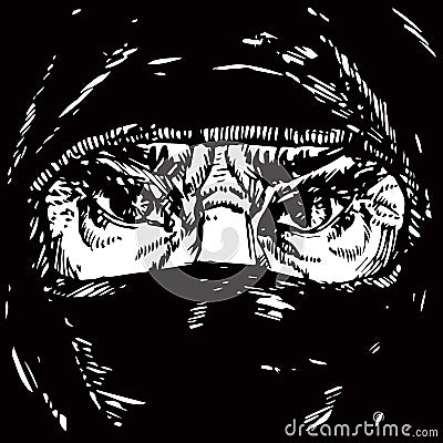 The face of the old Muslim woman with angry frowning eyebrows, face hidden in a black headscarf Vector Illustration