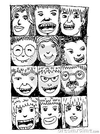 Face people sketch Crowd of funny peoples Stock Photo