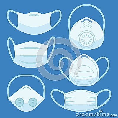 Face pollution mask. Medical masks smog dust protection health disease cough danger breath protective devices allergy Vector Illustration