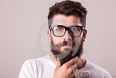 Face portrait of bearded man in glasses with hand on beard Stock Photo