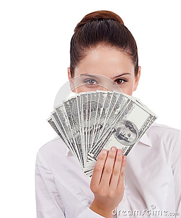 Face portrait, money and hidden woman with lotto award win, dollar bills giveaway or studio investment, savings or Stock Photo