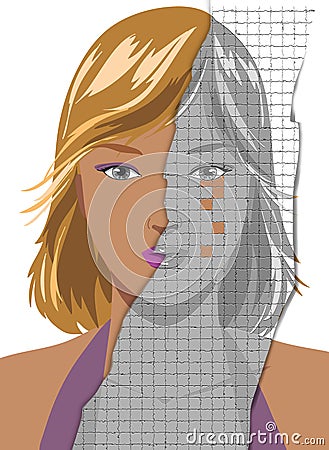 Face of pretty young woman becoming wrinkled Cartoon Illustration