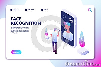 Face recognition isometric concept. Id verification smartphone scanner. Personal identify, face authentic reader vector Vector Illustration