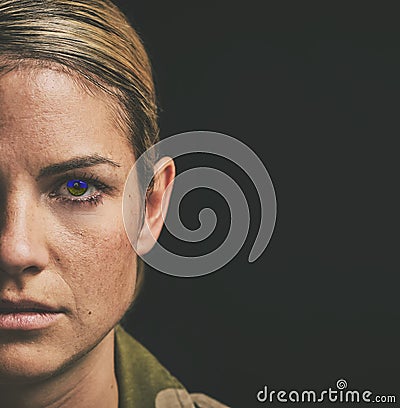 Face, retina scan and mockup with a woman in studio on a dark background for security or data protection. Future Stock Photo
