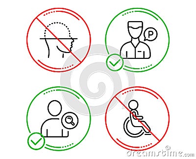 Face scanning, Find user and Valet servant icons set. Disabled sign. Vector Vector Illustration