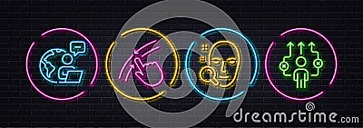 Face search, Outsource work and Swipe up minimal line icons. For web application, printing. Neon laser 3d lights Vector Vector Illustration