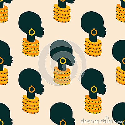 Face silhouette of tribal African woman with colorful necklace and earrings vector seamless pattern for fabric or wallpaper. Vector Illustration