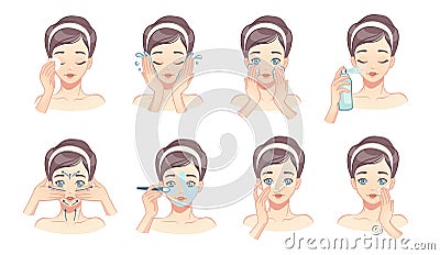 Face skin care. Cartoon young woman washing and cleaning her face with water and lotions. Vector Beaty procedures Vector Illustration