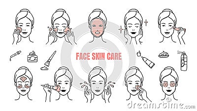 Face skin care icons. Makeup removal and dermatology infographic elements, facial masks and skincare cream. Vector hand Vector Illustration