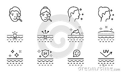 Face Skin Care Set Line Icon. Pimple, Blackhead, Microbes on Skin, Protect of UV, Cream Linear Pictogram. Man and Woman Vector Illustration