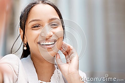 Face, smile and selfie with a happy black woman in the city feeling carefree with mockup. Beauty, head and portrait with Stock Photo