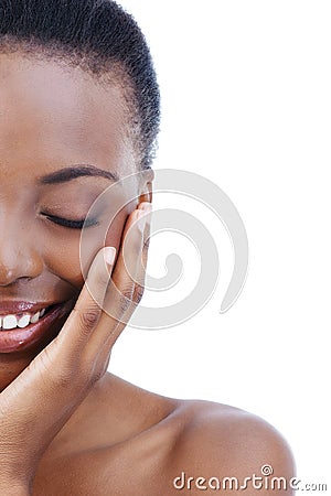 Face, smile and skincare natural black woman in studio isolated on white background fpr spa treatment. Half, beauty or Stock Photo