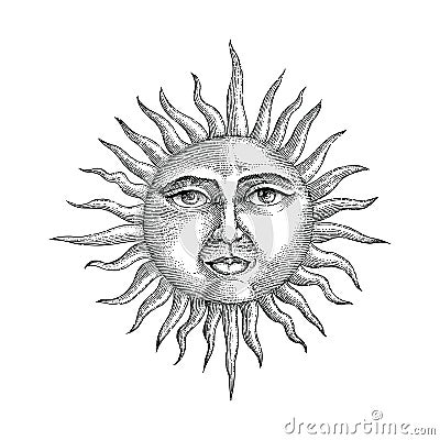 Face in sun hand drawing engraving style Vector Illustration