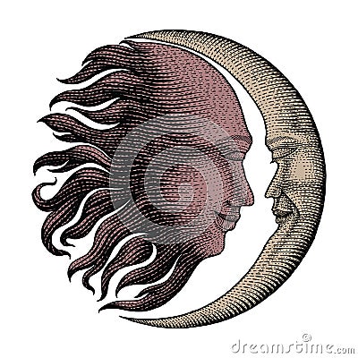 Face in Sun and Moon hand drawing vintage engraving money line d Vector Illustration