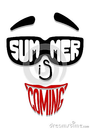 face in sunglasses with inscription Summer coming. Poster Stock Photo