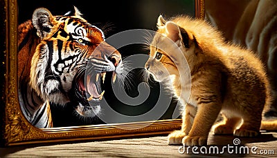 Face to Face Between a Kitten and a Tiger Roaring - Generative Ai Stock Photo