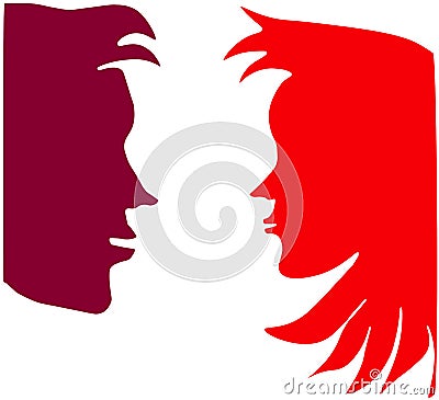 Face to face cute couple faces in red and dark red Stock Photo