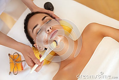 Face Treatment. Woman in Beauty Salon Gets Marine Mask Stock Photo