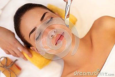 Face Treatment. Woman in Beauty Salon Gets Marine Mask Stock Photo