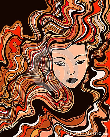 The face of a young girl with red curly hair and black lips. Vector Illustration