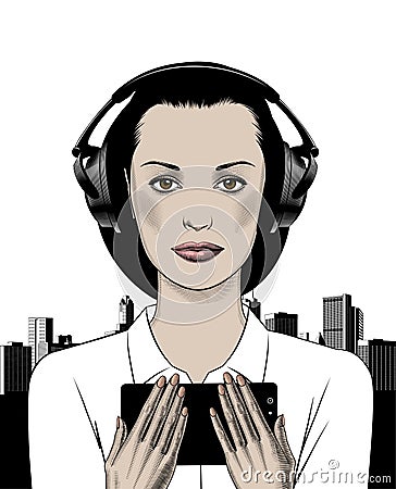 Face of a young woman on headphones.The girl listens to music . Vector Illustration