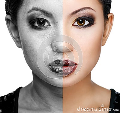 Face of young woman before and after retouch Stock Photo