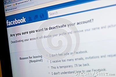 Facebook account deactivation screen, social media Editorial Stock Photo