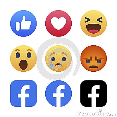 Facebook button set of 6 Emoji Reactions and letters f. Vinnitsa, Ukraine - August 26, 2019 Editorial Stock Photo