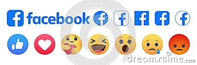 Facebook emoticon buttons. Collection of Emoji Reactions for Social Network. Kyiv, Ukraine - April 25, 2021 Vector Illustration