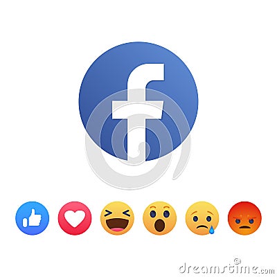 Facebook emoticon buttons. Collection of Emoji Reactions for Social Network. Kyiv, Ukraine - January 31, 2020 Vector Illustration