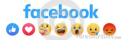 Facebook emoticon buttons. Collection of Emoji Reactions for Social Network. Kyiv, Ukraine - June 28, 2020 Vector Illustration