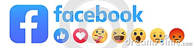 Facebook emoticon buttons. Collection of Emoji Reactions for Social Network. Kyiv, Ukraine - October 8, 2020 Vector Illustration
