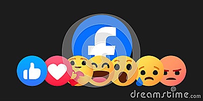 Facebook emoticon buttons. Collection of Emoji Reactions for Social Network. New logo. Kyiv, Ukraine - September 21, 2023 Vector Illustration