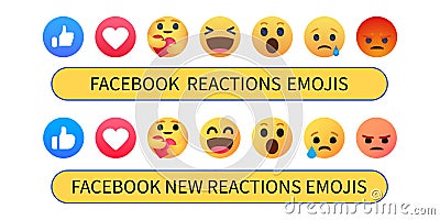 Facebook emoticon buttons. Collection of Emoji Reactions for Social Network. New logo. Kyiv, Ukraine - September 21, 2023 Vector Illustration