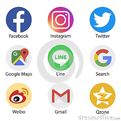 Facebook Instagram Twitter Google applications logo, Line, Weibo, Qzone - popular social media, messengers, message passing, Vector Illustration