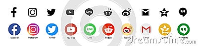 Facebook Instagram Twitter Google applications logo, Youtube, Line, Reddit, Weibo, Qzone - popular social media, messengers, Vector Illustration