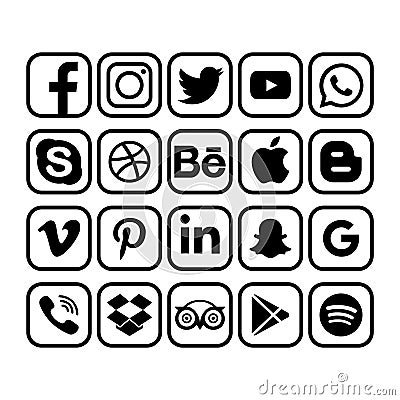Facebook, Instagram, Twitter, Youtube, Whatsapp, Vimeo, Pinterest etc - collection of popular social media, messengers, video Vector Illustration