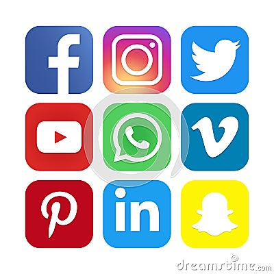 Facebook, Instagram, Twitter, Youtube, WhatsApp, Vimeo, Pinterest, Linkedin, Snapchat - collection of popular social media, Vector Illustration