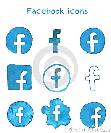 Facebook watercolour icon set blue drawing ecoline Editorial Stock Photo