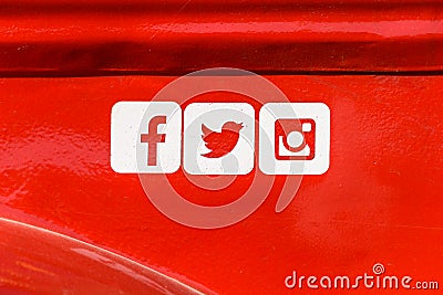 Facebook, Twitter and Instagram Social Media Icons on Red Metal Background Editorial Stock Photo