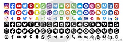 Facebook, twitter, instagram, youtube, snapchat, pinterest, whatsap, linkedin, google, cloud - Collection of popular contact Vector Illustration